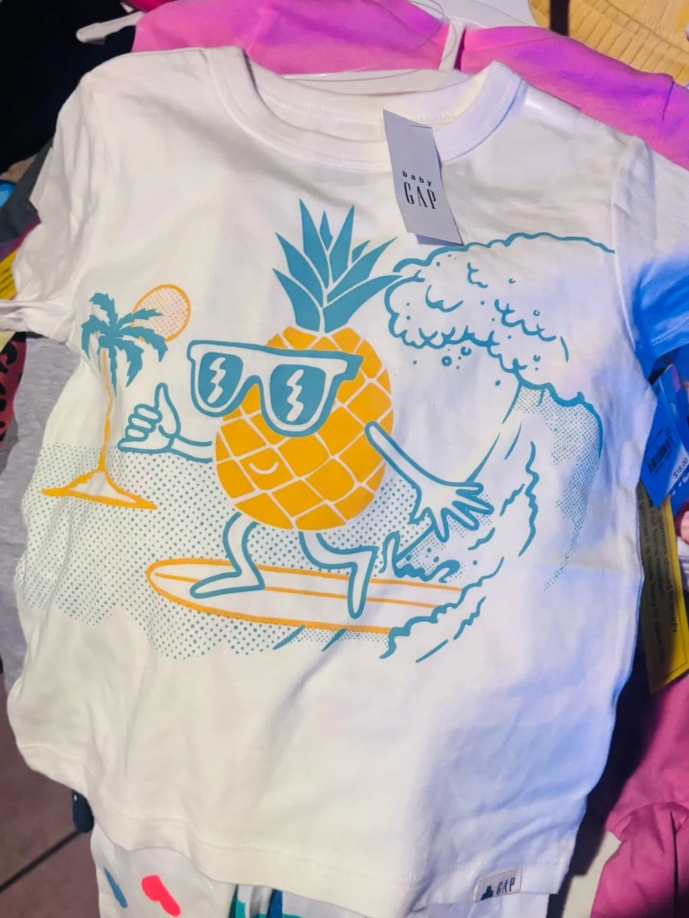GAP White Pineapple Surf Graphic Tee with Blue and Yellow Print